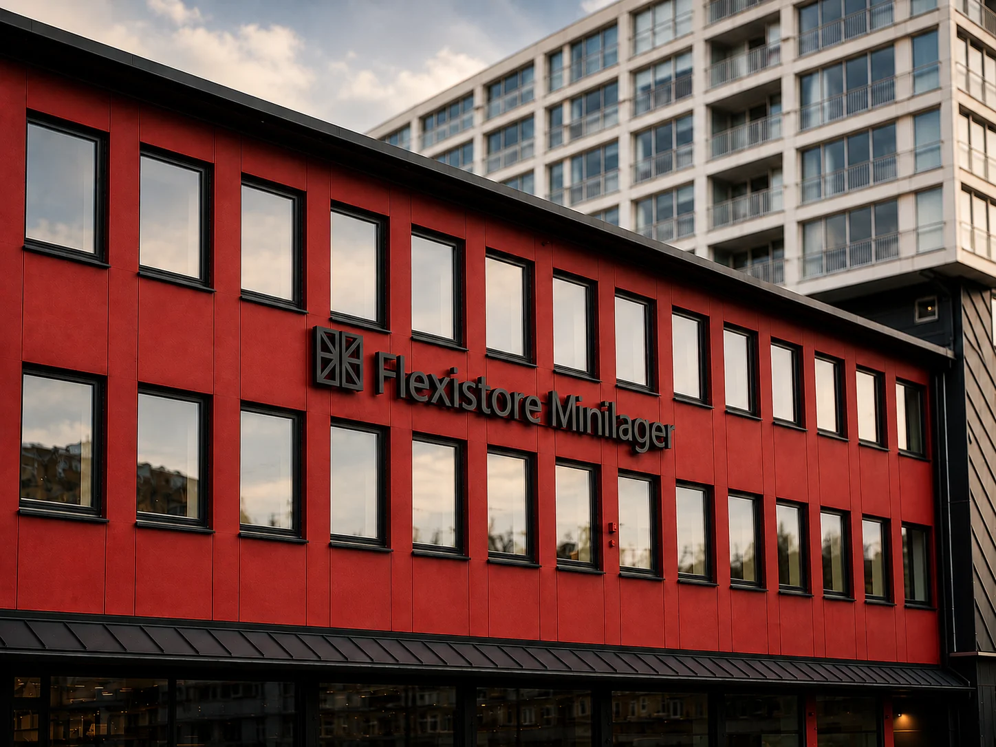 Fasadeskilt for Flexistore Minilager montert på rød fasade
