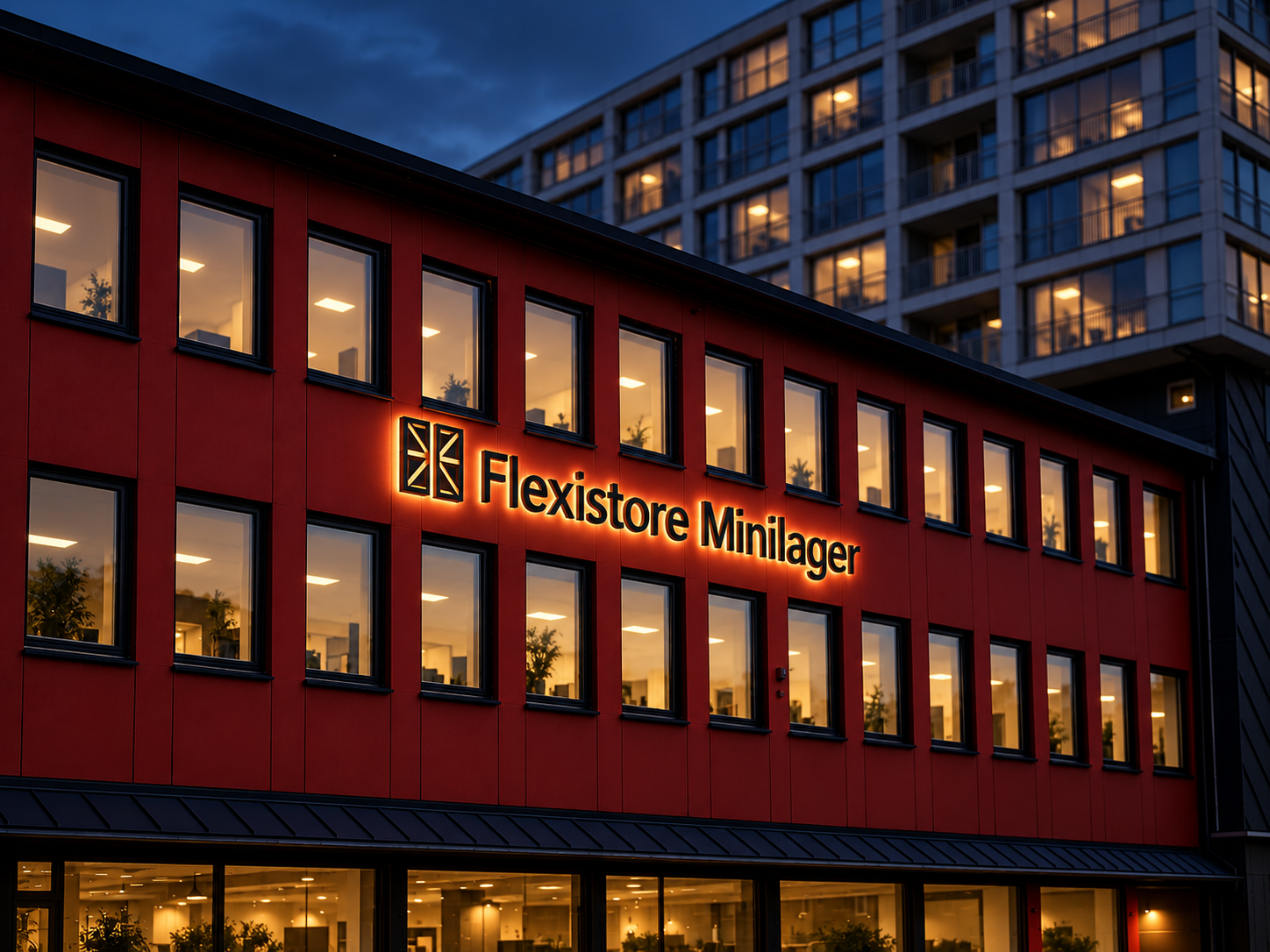 Fasadeskilt med lys på bygning
